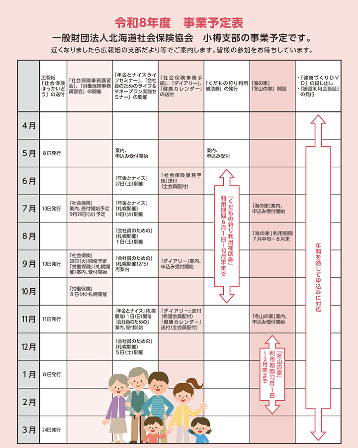 一般財団法人北海道社会保険協会　小樽支部の事業予定表